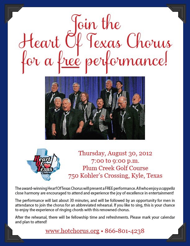 Free a cappella performance from the Heart of Texas Chorus, Thursday, August 30th!