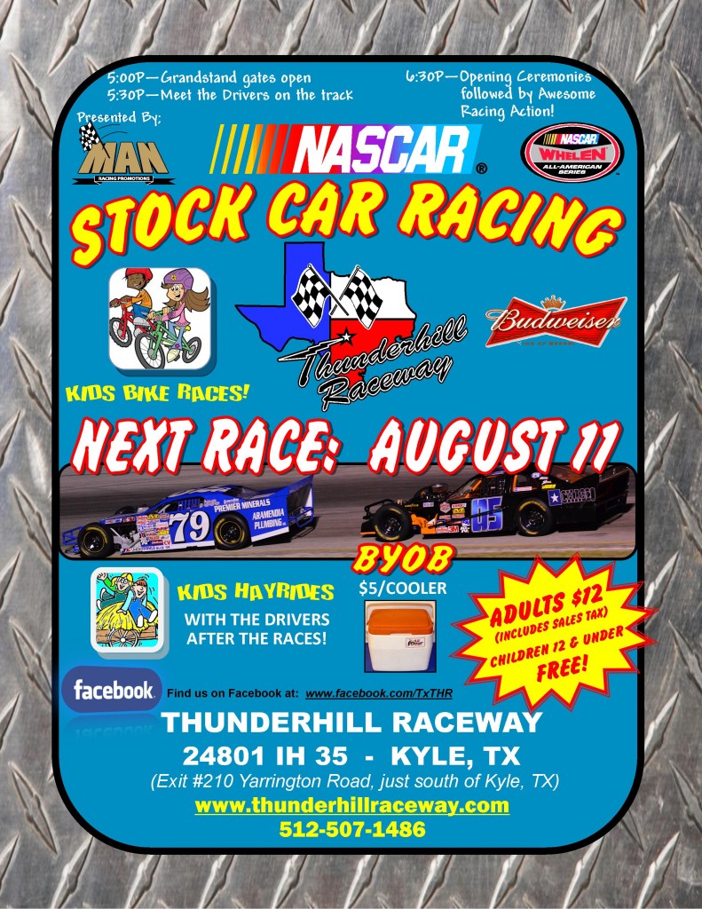 Stock car racing action returns on August 11 – Thunderhill Raceway Kyle Texas