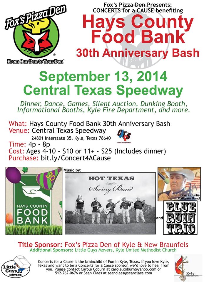 Concerts for a Cause: Hays County Food Bank- Live Music by Bruce Fallgren, The Hot Texas Swing Band, Blue Ruin Trio