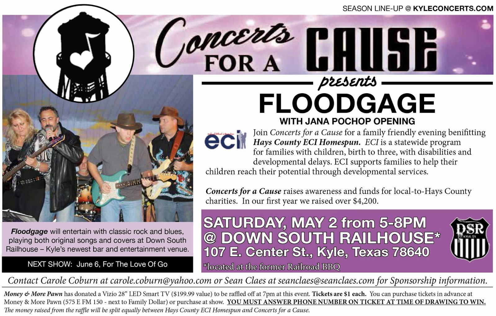 Concerts for a Cause May 2 – Benefiting Hays County ECI Homespun w/ Floodgage & Jana Pochop